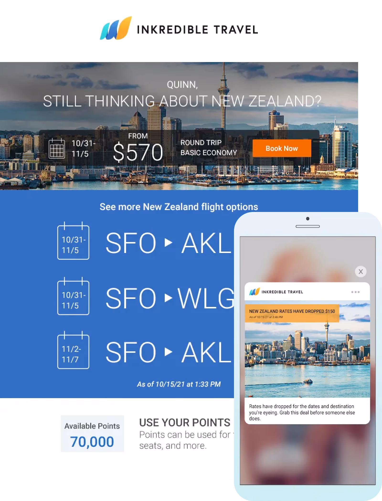 Inkredible Travel email with tailored booking messaging for Quinn