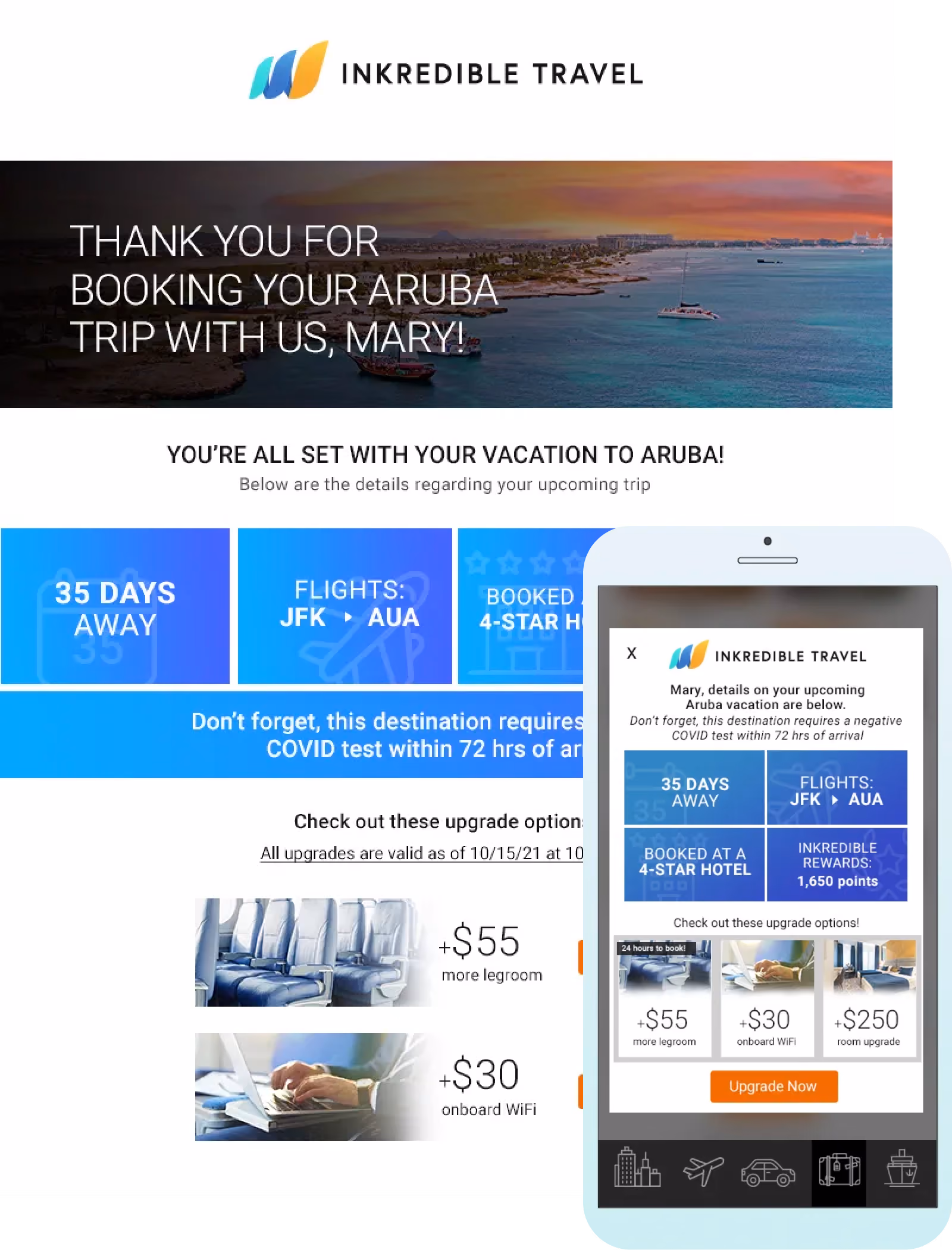 Inkredible Travel email for Mary with information for her Aruba trip