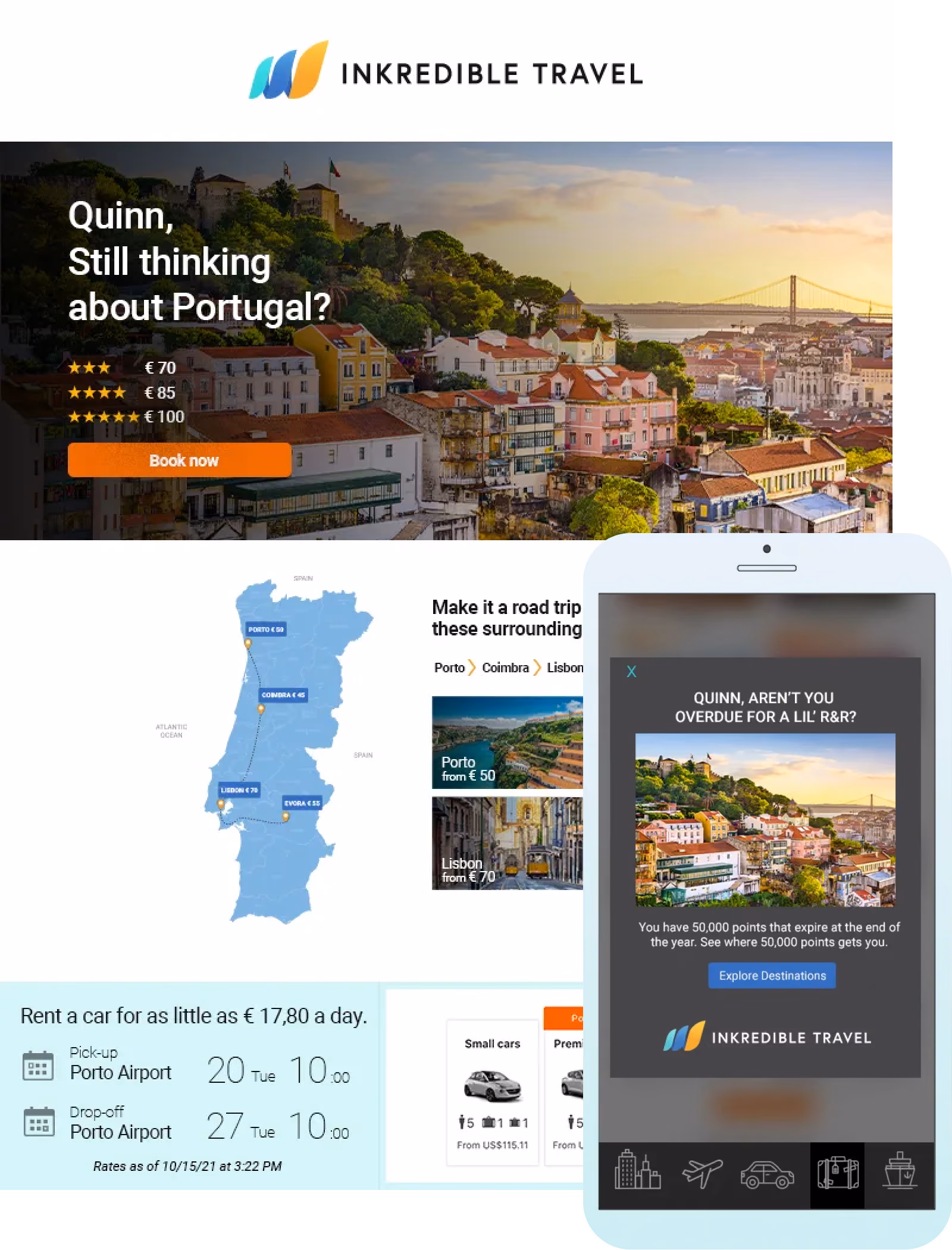 Inkredible Travel email with personalized content for Quinn