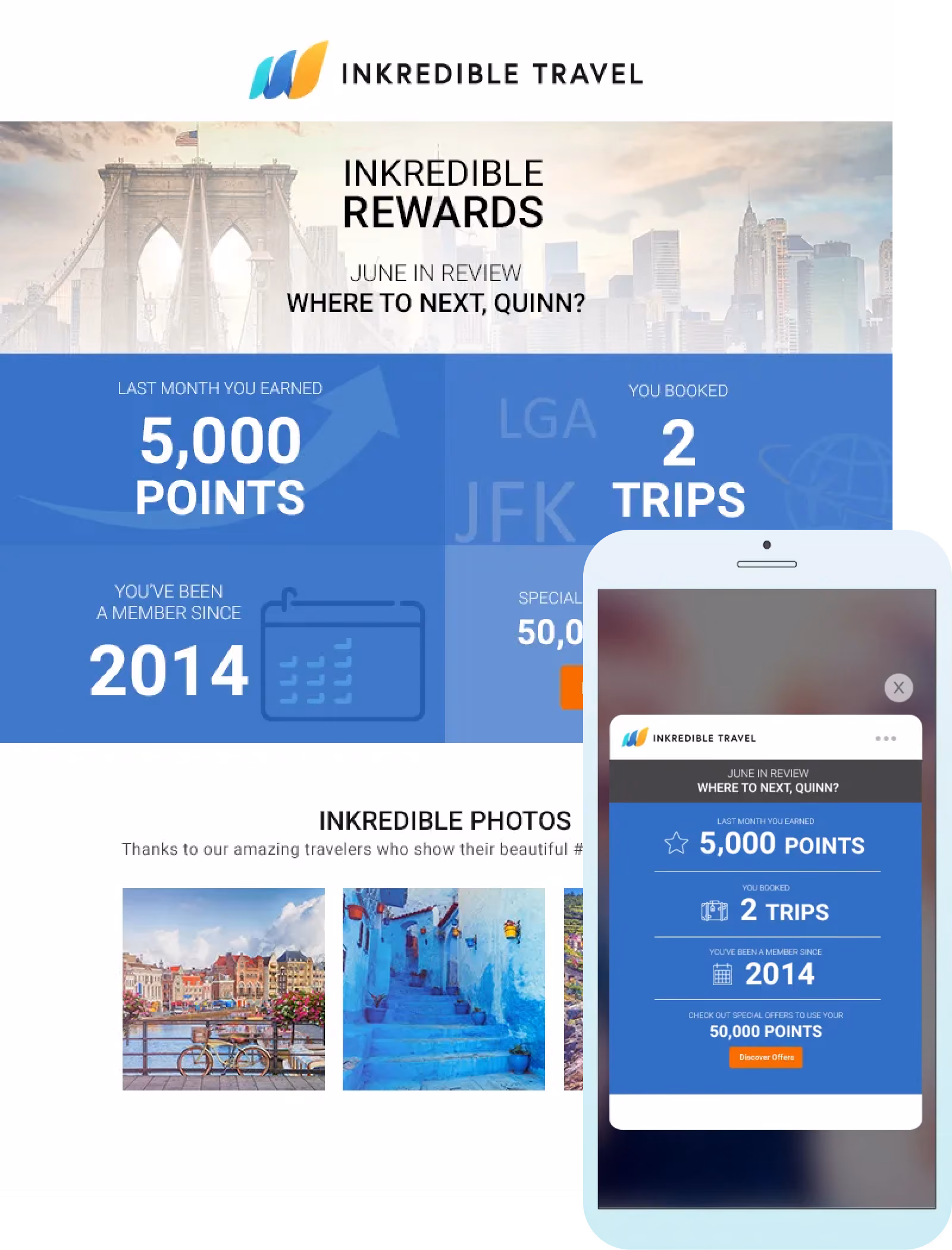 Inkredible Travel email with personalized rewards information for Quinn