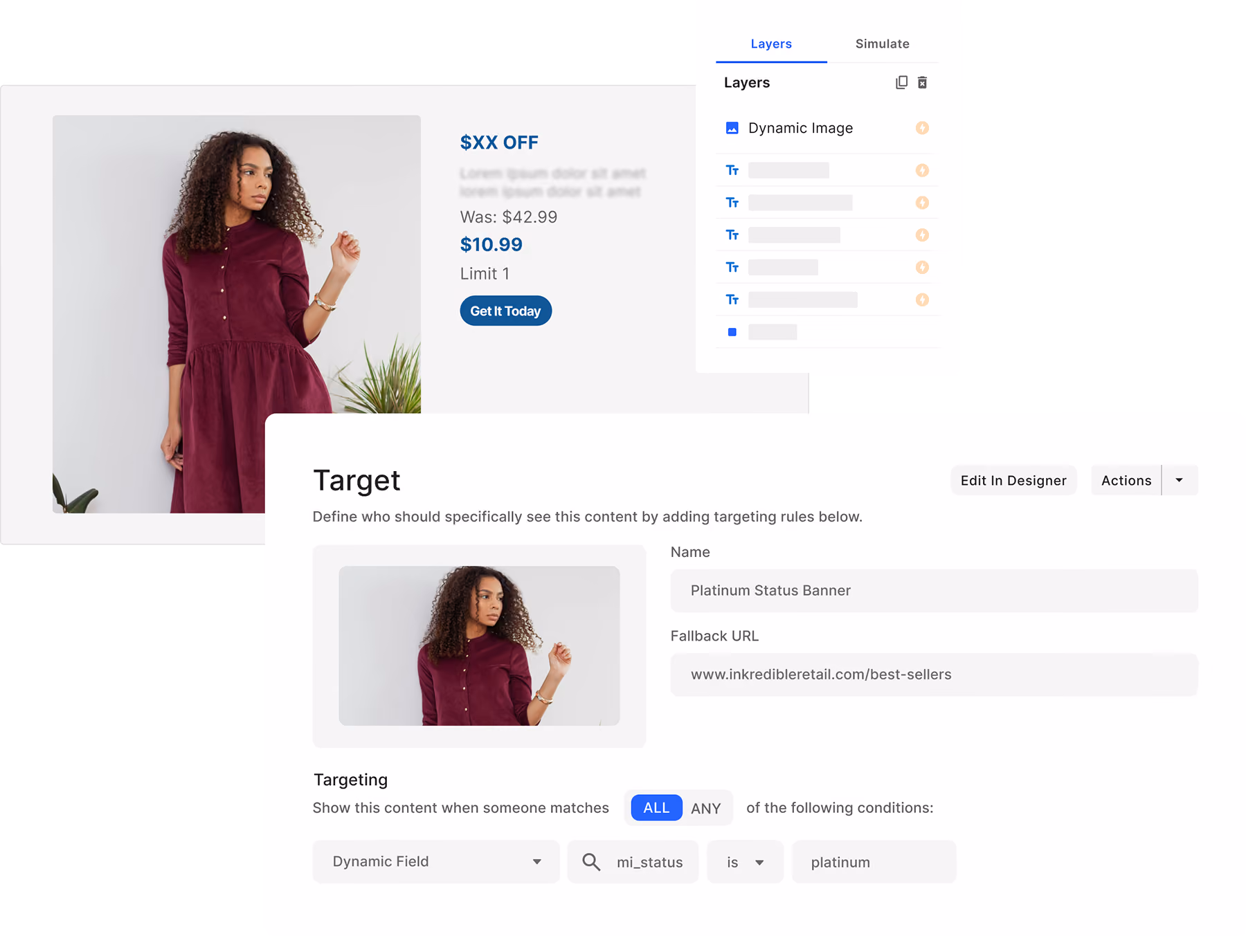 Movable Ink canvas editor. Showing targeting rules and creative output.