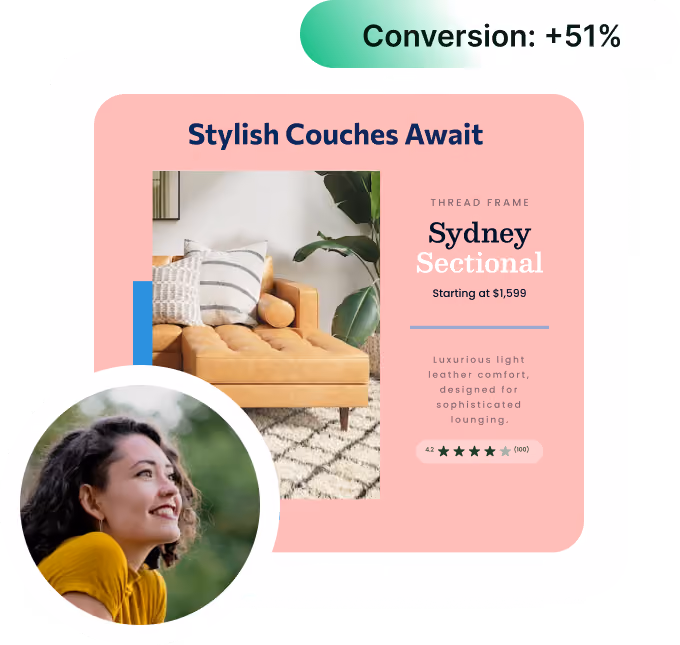 Image of personalized Da Vinci content. Showing "Stylish Couches Await".