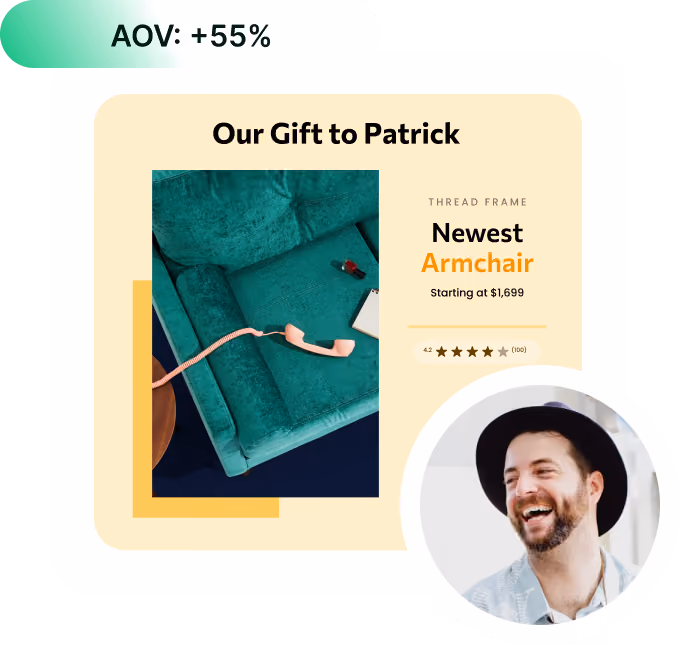 Image of personalized Da Vinci content. Showing "Our Gift to Patrick" with a unique armchair.