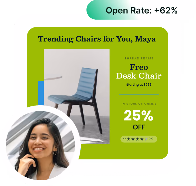 Image of personalized Da Vinci content. Showing "Trending Chairs for You, Maya".