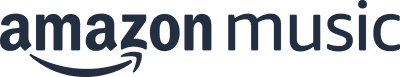 Amazon Music logo with white text and an orange curved arrow on a dark blue background.
