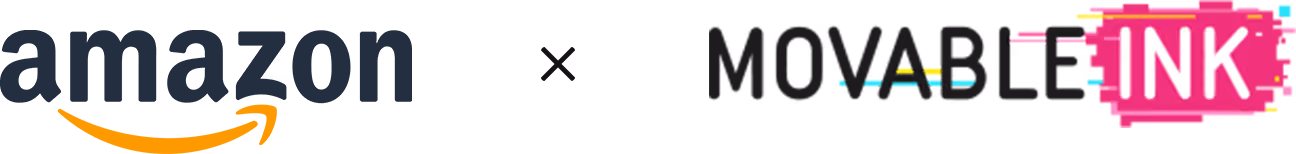 Amazon logo in dark blue and orange next to a black 'x' and Movable Ink logo in pink, yellow, and blue.