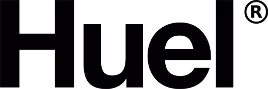 Huel brand logo with the word 'huel' in bold lowercase gray letters and an orange hexagonal emblem to the left.
