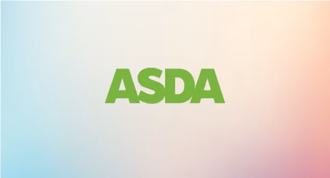 Green ASDA logo centered on a gradient background transitioning from light blue to pale peach and pink.