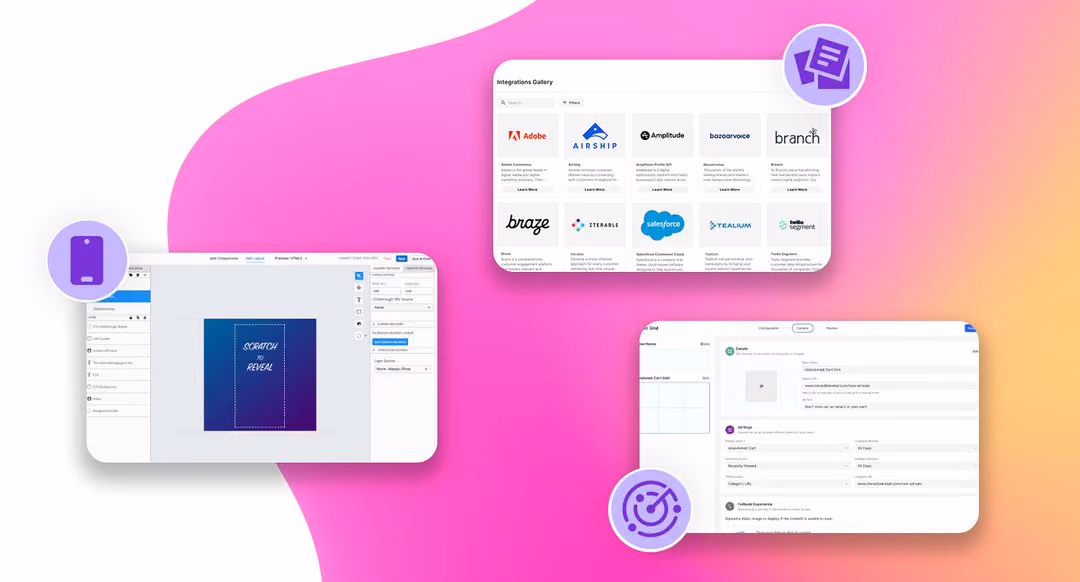 Three computer interface screenshots showcasing a scratch-to-reveal design, integrations gallery with logos, and a configuration panel, on a pink and orange gradient background with purple icons.