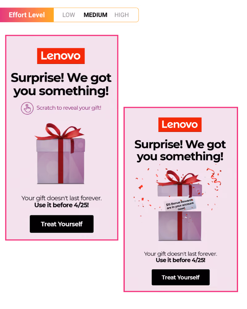 Two Lenovo gift cards with red ribbon on purple boxes; one invites to scratch to reveal gift, the other shows $15 bonus rewards revealed, both urging use before 4/25 with a treat yourself button.