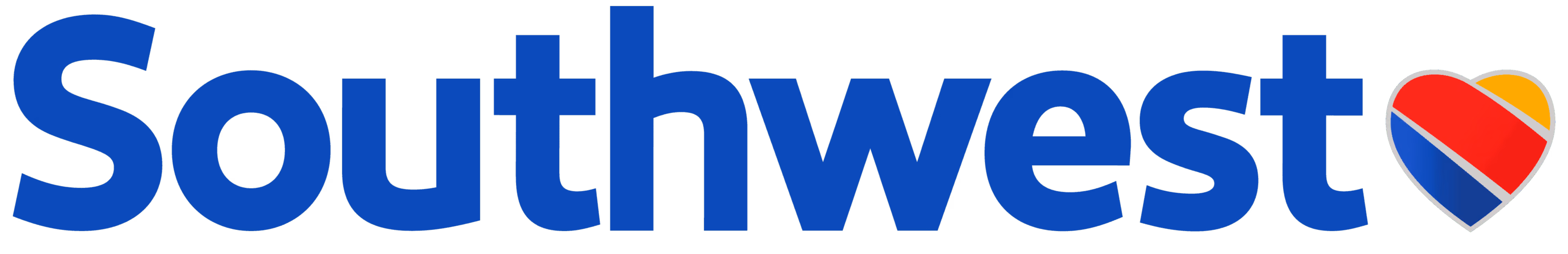 Southwest Airlines logo featuring the word 'Southwest' in blue with a heart symbol in red, yellow, and blue at the end.