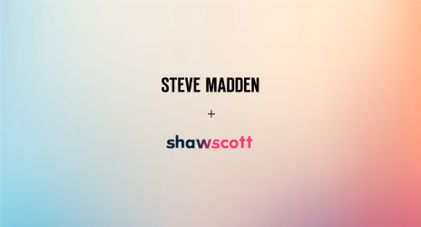 Steve Madden logo above shaws scott logo on a gradient pastel background.