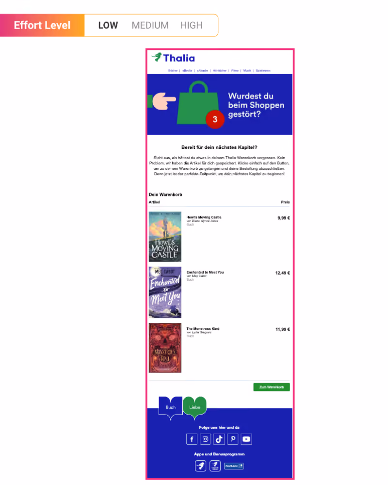 Thalia shopping cart reminder showing three books: Howl's Moving Castle, Enchanted to Meet You, and The Monstrous Kind with their prices and a call to complete the order.