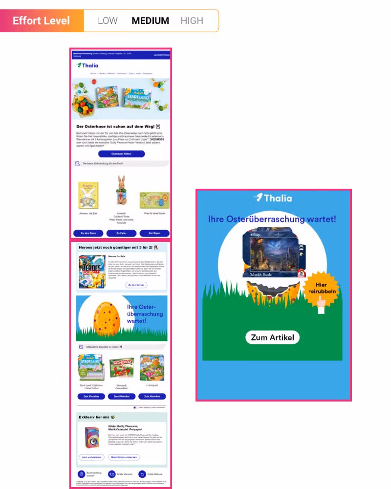 Email promotional layout from Thalia with Easter-themed products, offers, and a scratch-to-reveal surprise coupon on the right side.