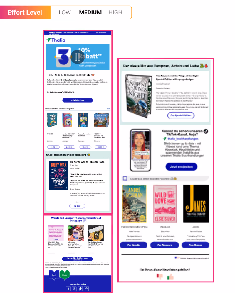 Screenshot of an email newsletter featuring a 10% Thalia welcome discount, book recommendations, TikTok channel promotion, and community Instagram highlights.