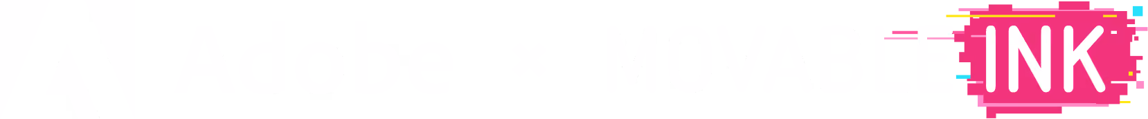 Adobe logo followed by a multiplication symbol and the text 'MOVABLE INK' with 'INK' highlighted in a pink textured box.
