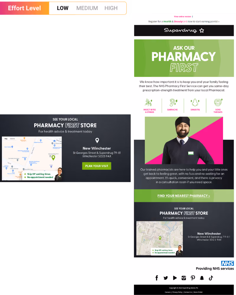 Superdrug NHS Pharmacy First service promotion highlighting low effort level, local pharmacy location in New Winchester with map, and trained pharmacist support for insect bites, earache, sinusitis, and sore throats.