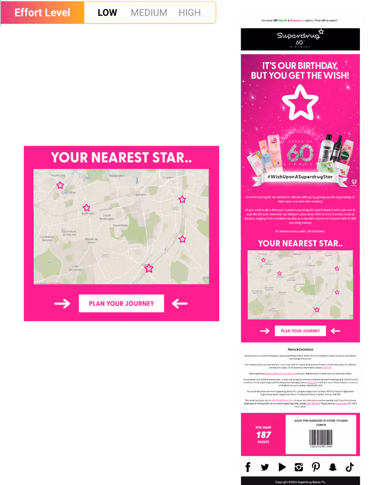 Superdrug birthday promotion with map showing nearest store locations marked by pink stars and a 'Plan Your Journey' button.