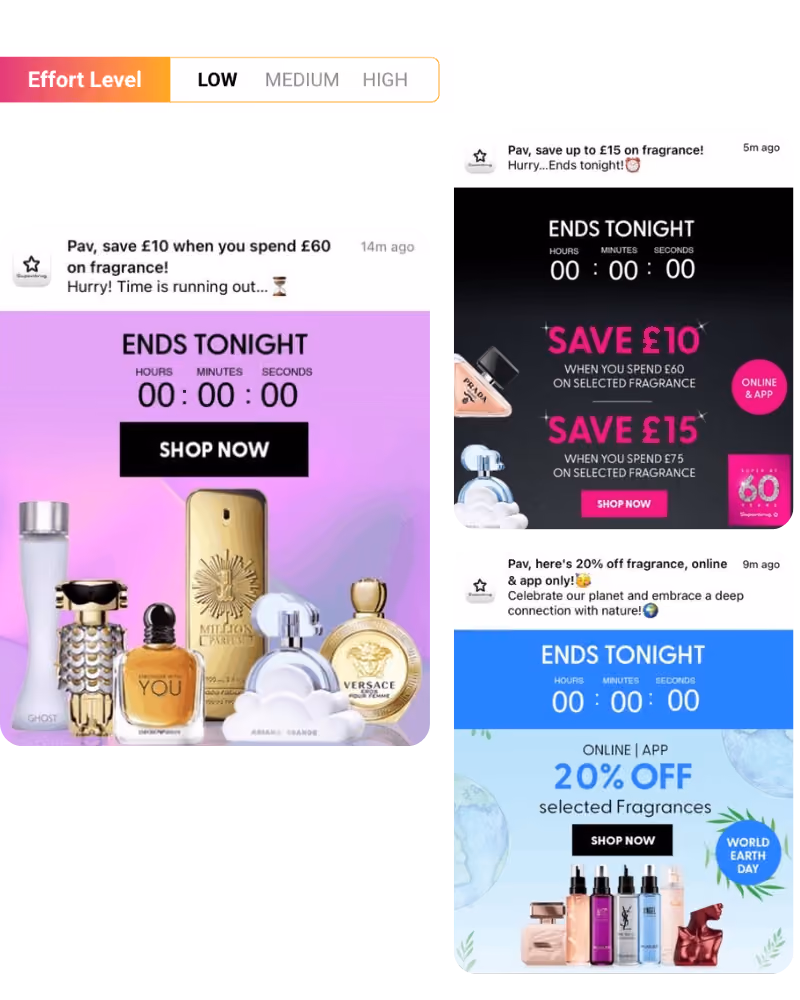 Three promotional fragrance sale notifications showing countdown timers ending tonight with offers to save £10 or £15 on selected fragrances and 20% off for World Earth Day, featuring various perfume bottles and shop now buttons.