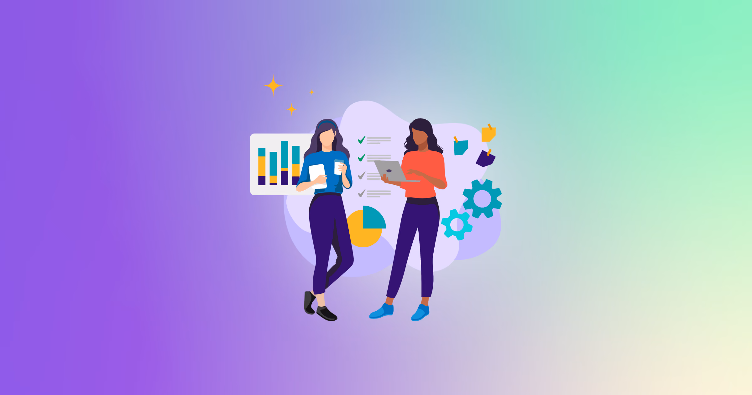 Illustration of two women reviewing data on charts and a laptop with checkmarks and gears in the background on a purple and green gradient.