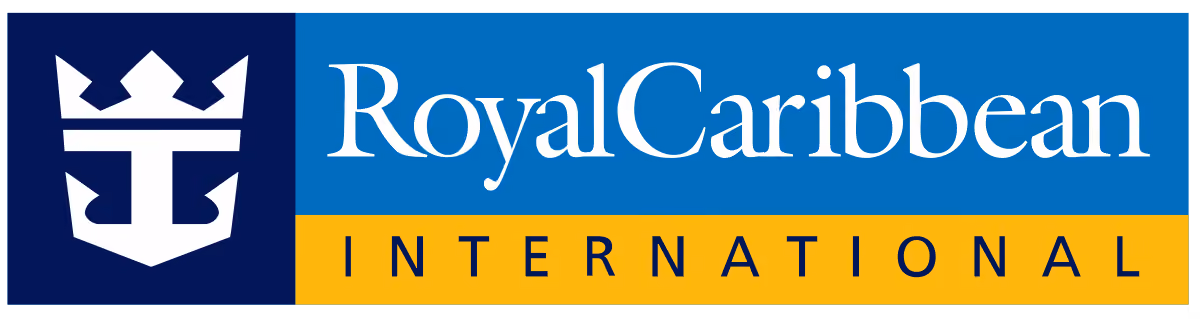 Royal Caribbean logo with a white crown and anchor symbol on a dark blue background and the text 'Royal Caribbean International' in white and black on blue and gold backgrounds.