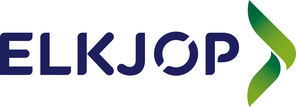 Elkjop company logo featuring dark blue text and a stylized green leaf design.