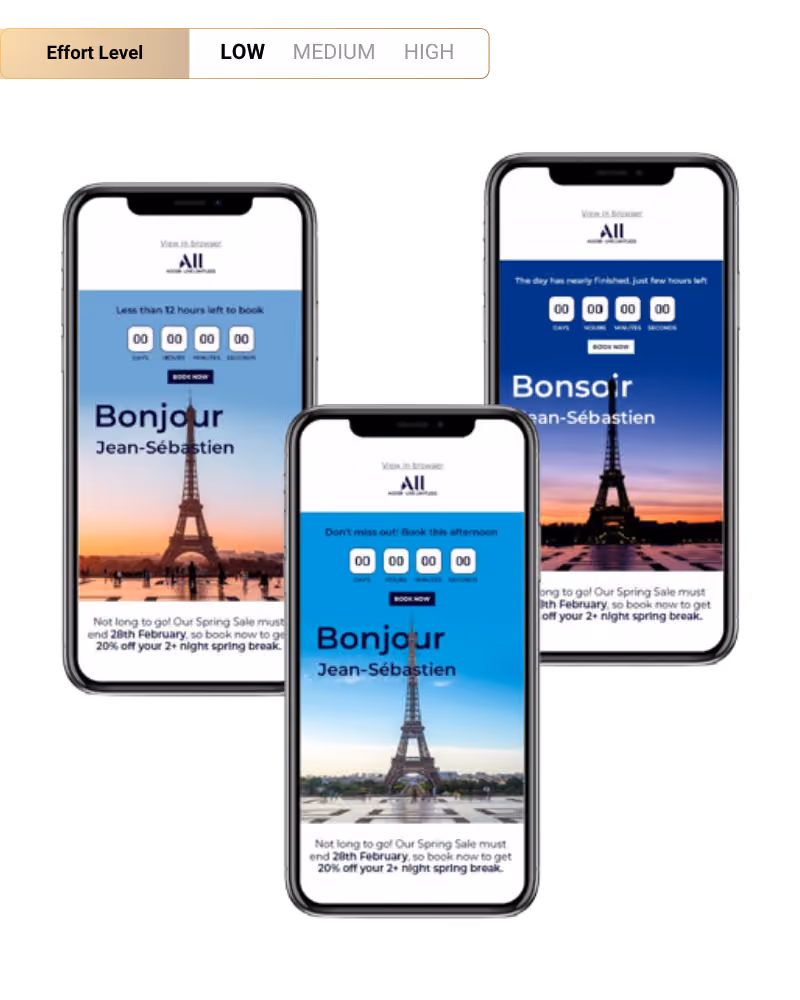 Three smartphones displaying a travel sale countdown with the Eiffel Tower at sunrise, daytime, and sunset backgrounds, each showing a countdown timer and a message about booking a spring sale before February 28th.