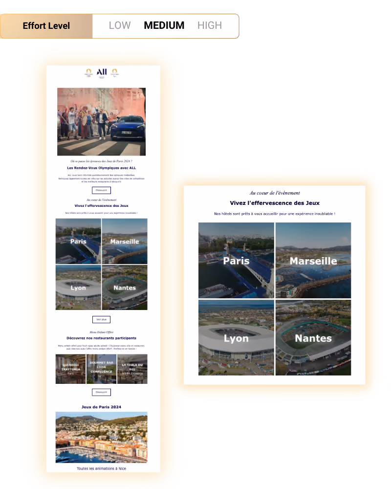Promotional webpage highlighting Olympic events in Paris, Marseille, Lyon, and Nantes with aerial photos of each city and participating restaurants.