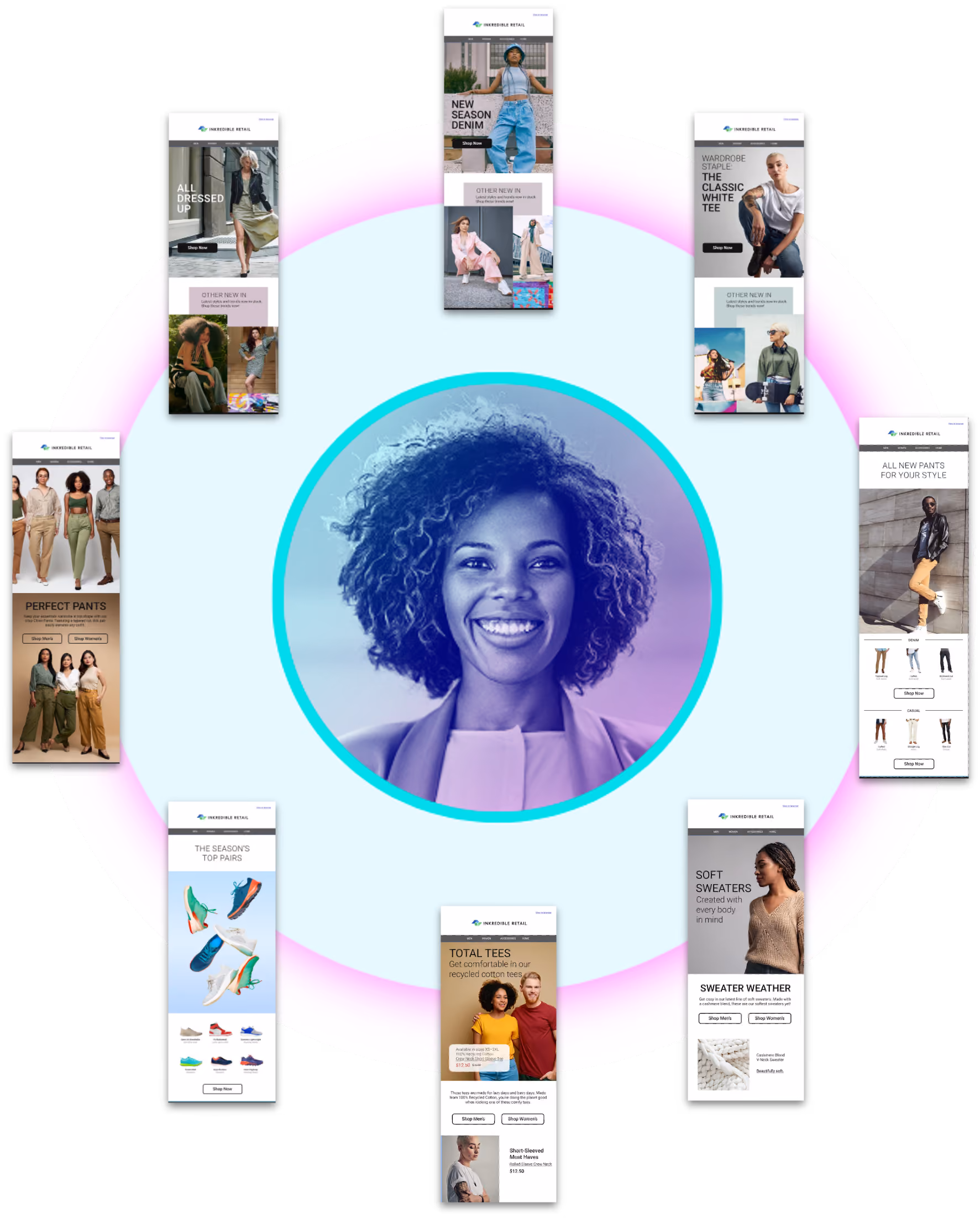 Smiling woman with curly hair in center surrounded by clothing and shoe advertisement banners for Incredible Retail.