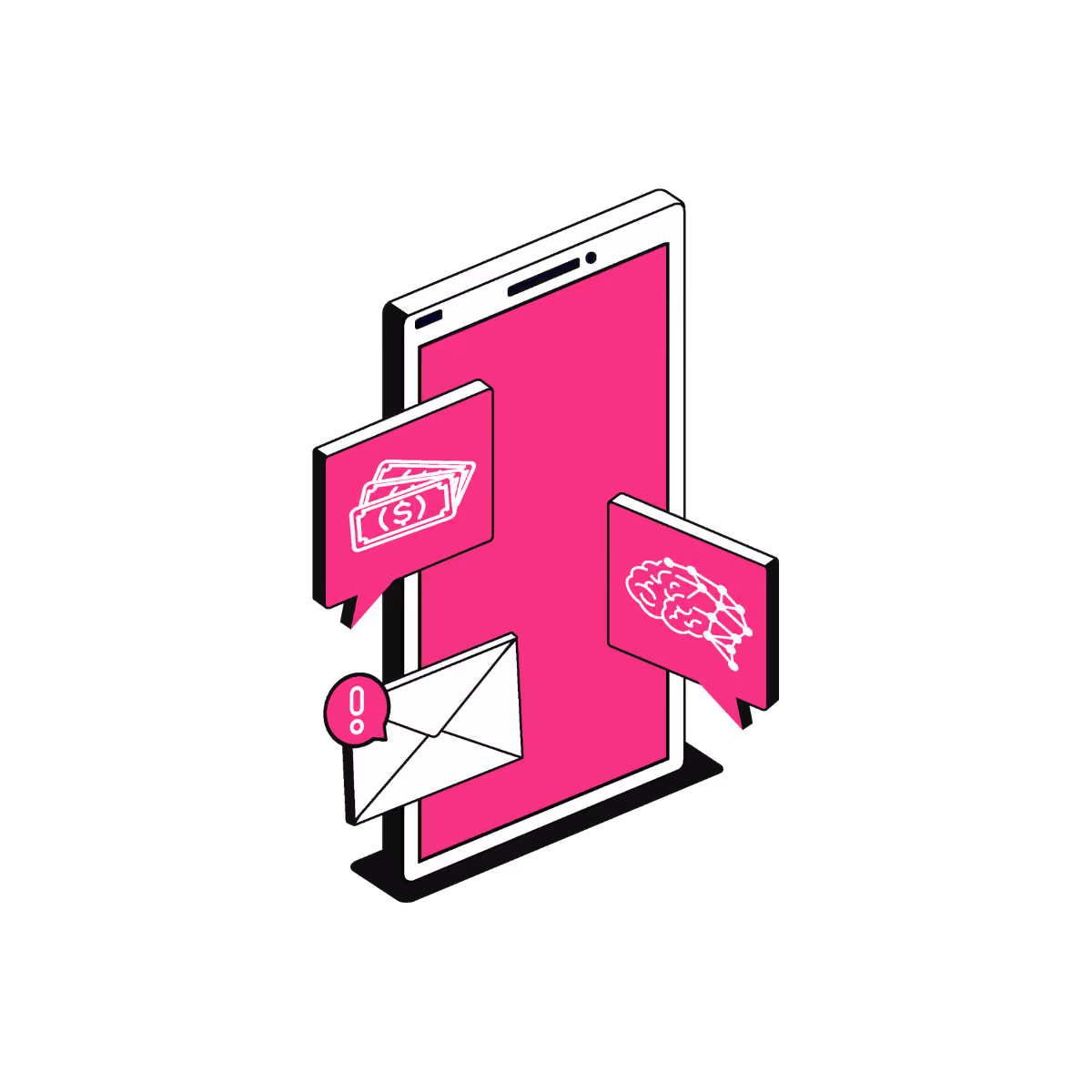 Isometric smartphone with magenta screen displaying floating speech bubbles with icons of cash, a brain network, and an envelope with an exclamation mark.