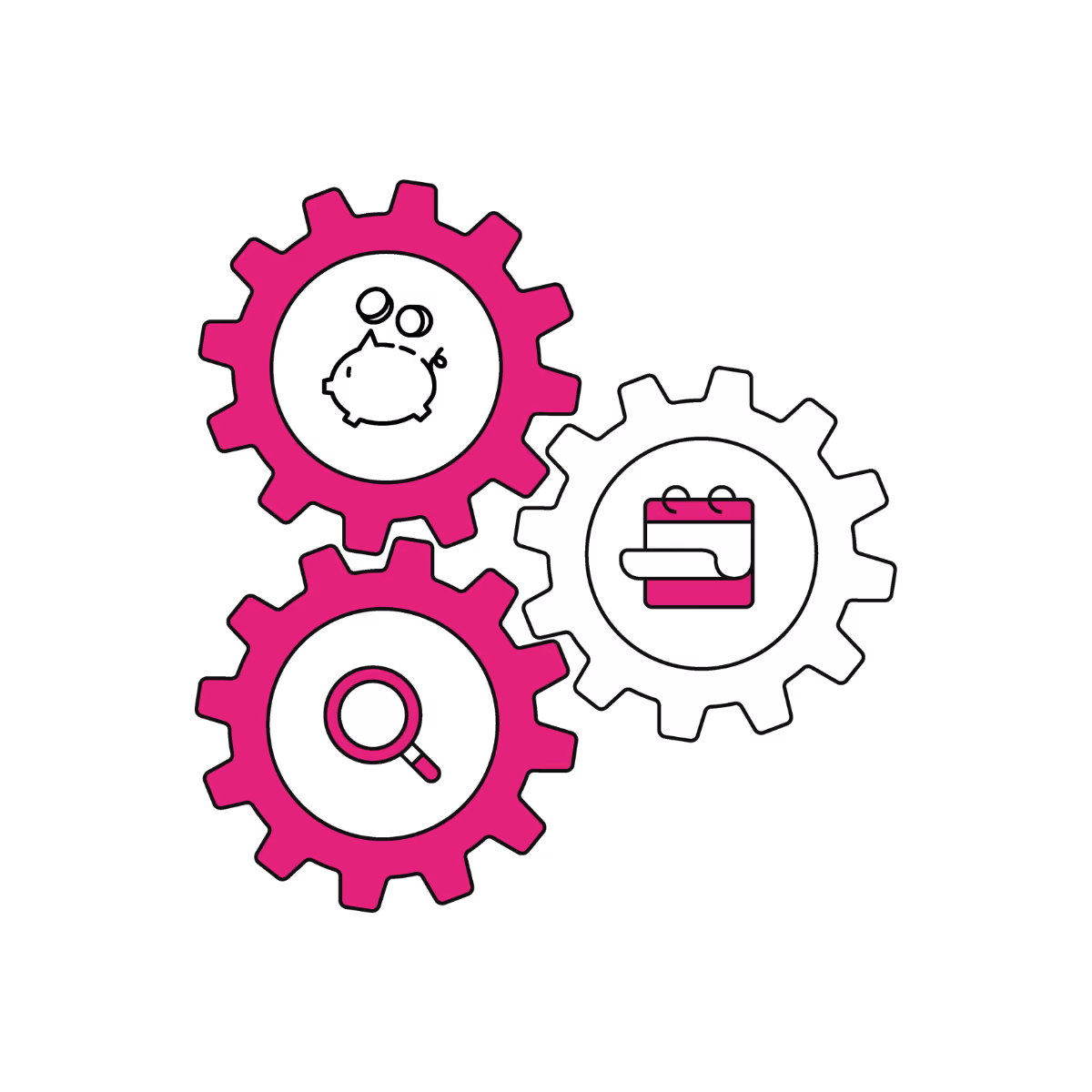 Three interconnected gears with icons: magnifying glass inside a magenta gear, calendar inside a white gear, and an empty magenta gear.