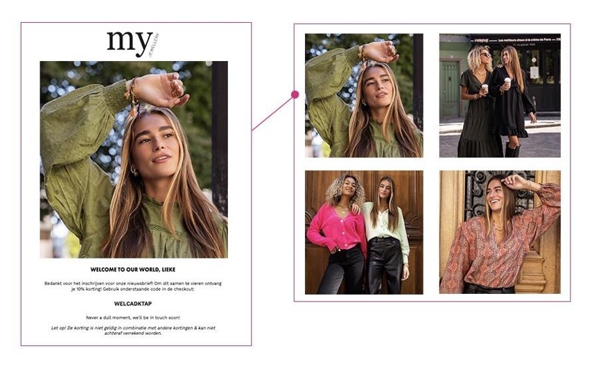 Collage featuring a woman in a green blouse posing outdoors, two women walking and chatting with coffee cups, two women standing side by side smiling, and a woman in a patterned blouse leaning against a wooden door.