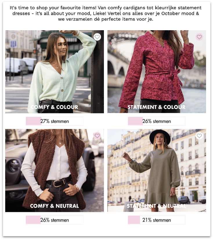 Four fashion outfit styles with voting percentages: comfy pastel cardigan with 27%, red patterned statement jacket with 26%, brown furry vest with white top and 26%, beige statement dress and black hat with 21%.