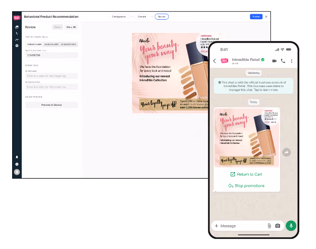 Screenshot of a product recommendation dashboard on desktop with a cosmetic foundation ad, alongside a mobile phone showing the same ad in a WhatsApp chat from Inkredible Retail.