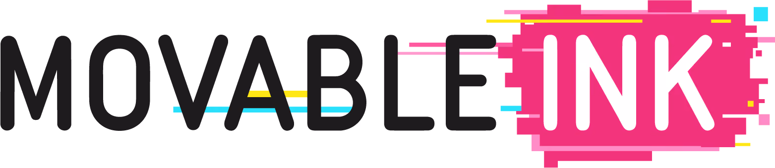 Logo reading 'MOVABLE INK' with 'MOVABLE' in black and 'INK' in white inside a bright pink ink blot.