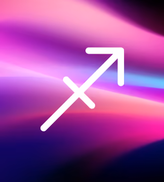 White Sagittarius zodiac symbol on a vibrant gradient background of purple, pink, and blue hues.