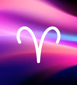 White Aries zodiac symbol on a vibrant gradient background of purple, pink, and blue hues.