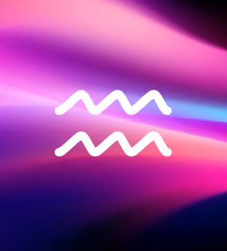 White Aquarius zodiac symbol with two zigzag lines on a purple and pink gradient background.