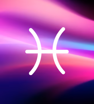 White Pisces zodiac symbol on a vibrant purple and pink gradient background.