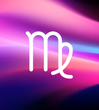 White Virgo zodiac symbol on a vibrant purple and pink gradient background.