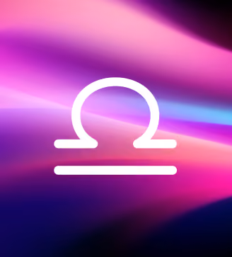 White Libra zodiac sign symbol on a vibrant purple and pink gradient background.