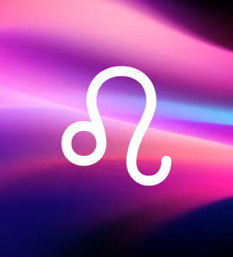 White Leo zodiac symbol centered on a vibrant purple and pink gradient background.