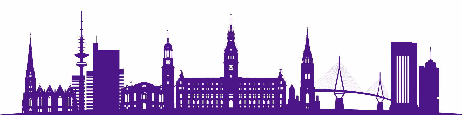 Purple silhouette of a city skyline including various historic and modern buildings with towers and a suspension bridge.