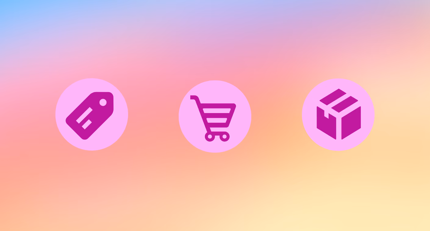 Three magenta icons on pink circles against a pastel gradient background: price tag, shopping cart, and cardboard box.