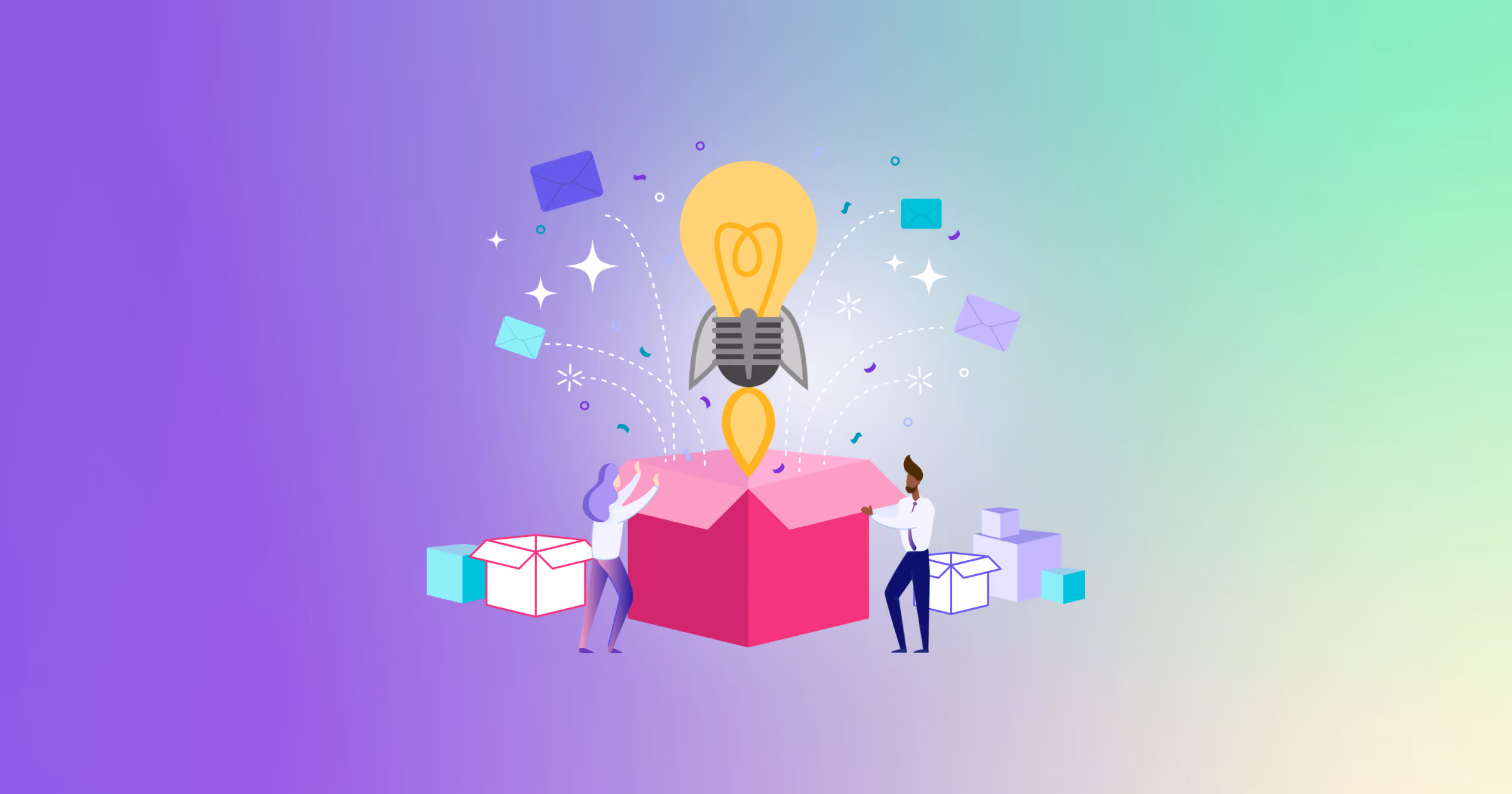 Two people stand by an open pink box with a light bulb rocket launching out surrounded by flying envelopes and sparkles, set against a purple to green gradient background.