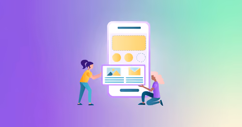 Illustration of two people interacting with a large smartphone screen displaying customizable content blocks.