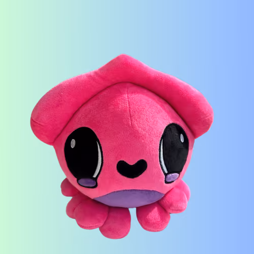 Pink plush squid toy with large black eyes and a small smiling mouth on a gradient green to blue background.