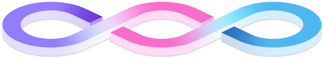 Three intertwined loops forming an infinity symbol, colored in gradients of purple, pink, and blue.