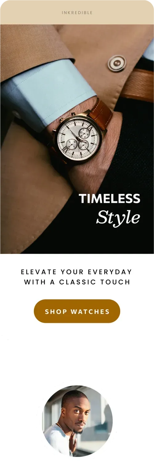 Close-up of a wristwatch with a brown leather strap and gold casing worn over a blue shirt cuff and brown jacket sleeve.