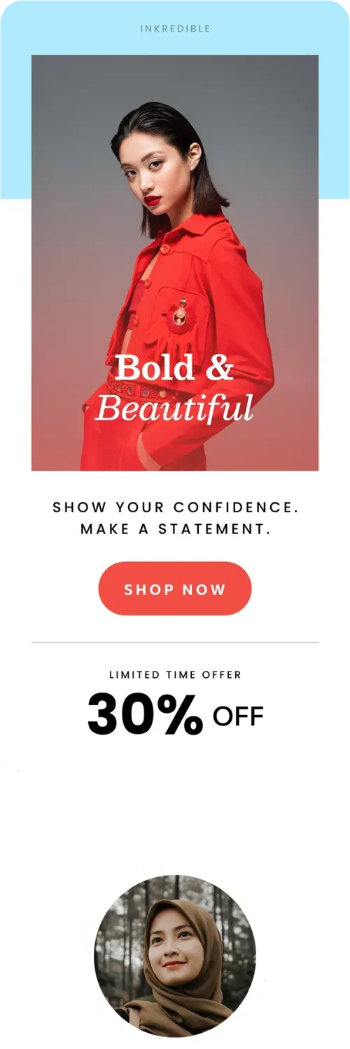 Fashion model wearing a bold red outfit with red lipstick, promoting a 30% off limited-time sale.